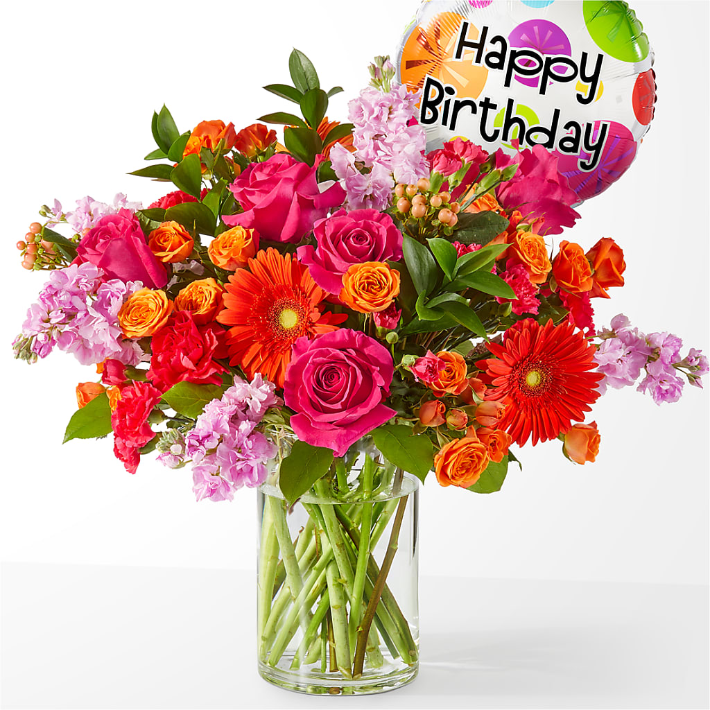 Fiesta Bouquet with Birthday Balloon – Flajes Flowers, Nutley NJ