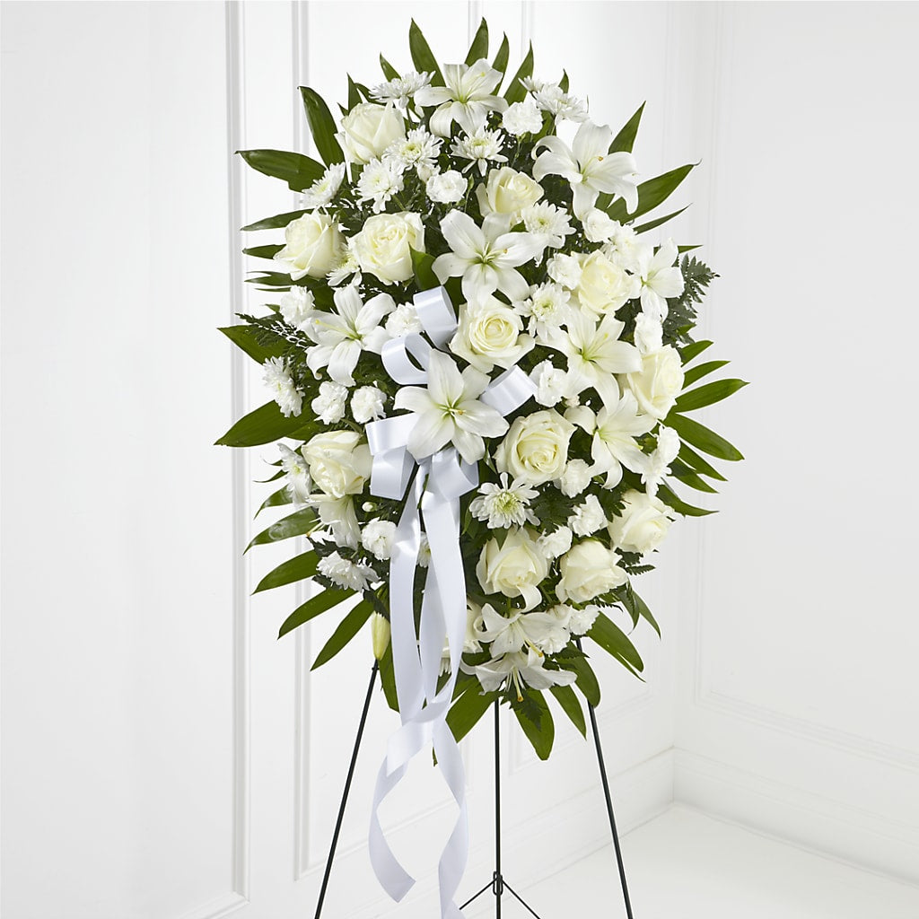 Exquisite Tribute Standing Spray-White Ribbon – Flajes Flowers, Nutley NJ