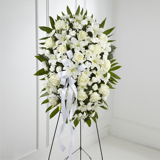 Exquisito Ramillete Fúnebre Vertical - Cinta Blanca